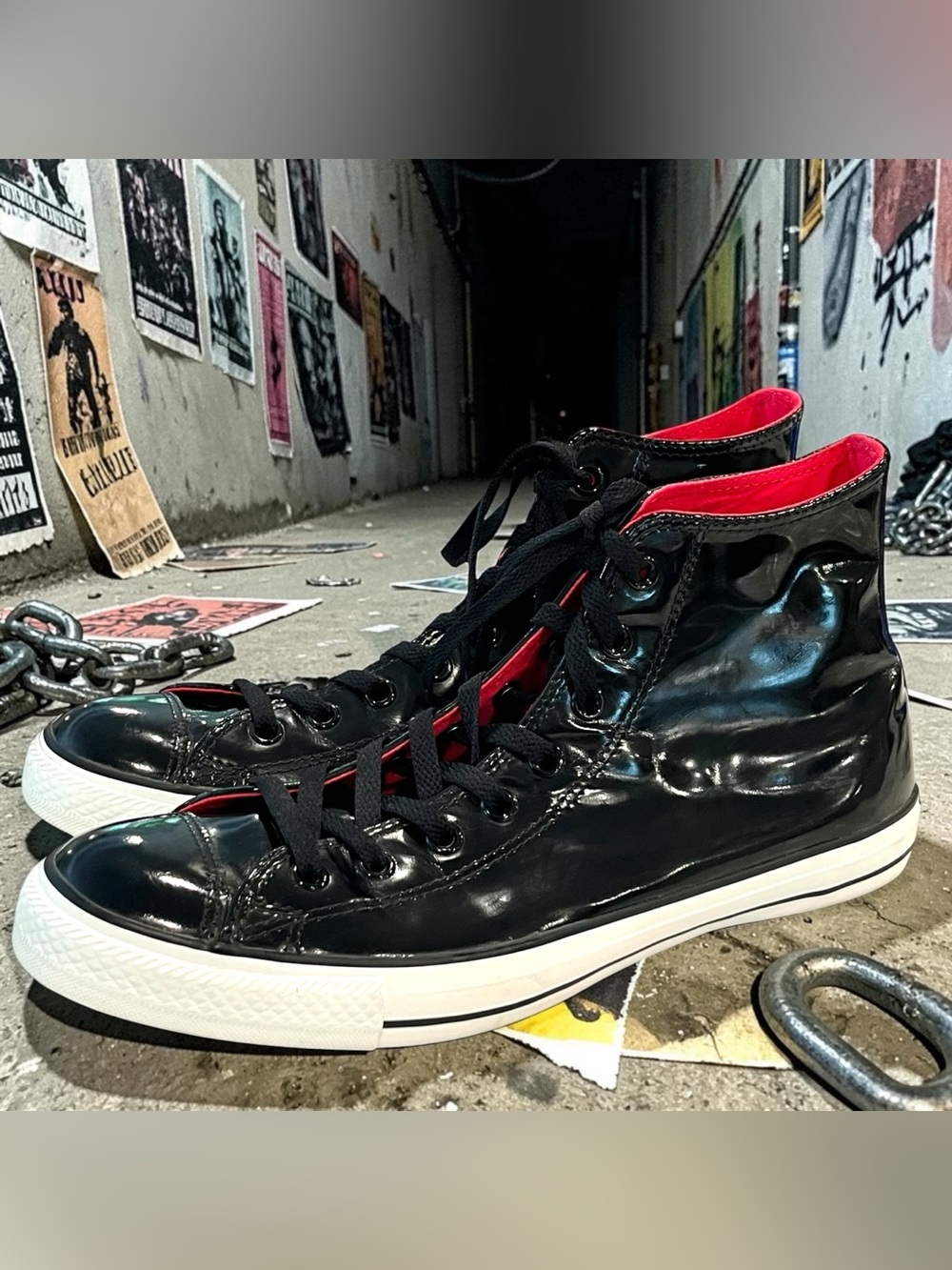 Converse Chuck Taylor High Top Glossy Patent Style Sneakers Black Red Mens 11 - Picture 3 of 6